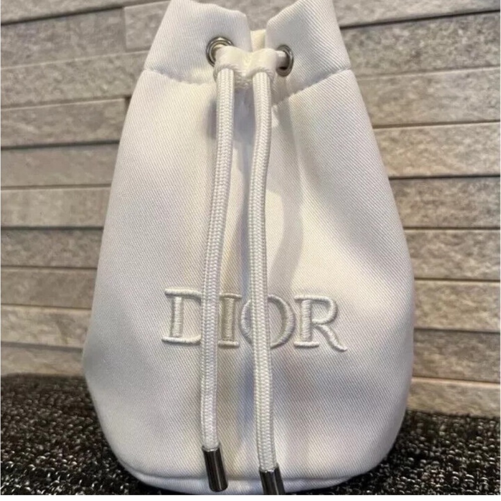 💋Dior NEW White Twill Drawstring Pouch Makeup Bucket Bag Logo